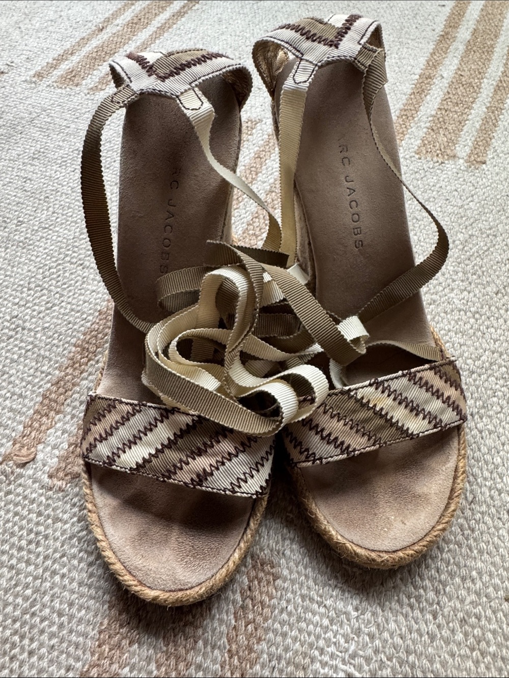 Marc Jacobs Neutral Espadrille Wedge Sandals with Ankle Wraps